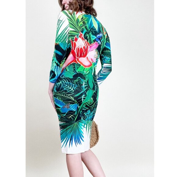 Roberto Cavalli Tropical Floral & Animal Print Midi Dress Cocktail Party Beach - Picture 2 of 13